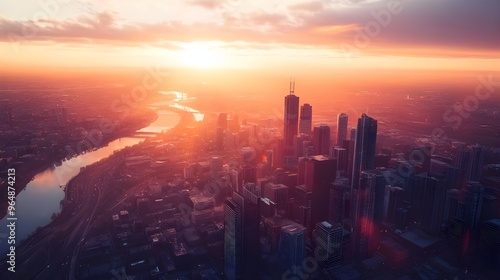 A stunning stock photo captured from above, showing a sprawling cityscape bathed in the warm, golden light of sunrise.