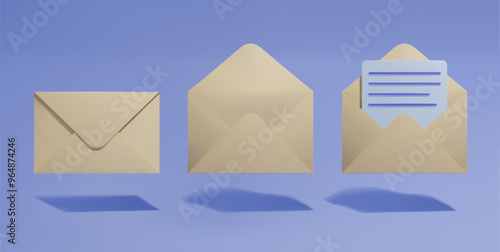 3D envelopes. A set with a closed and open yellow envelope with a document inside on a blue isolated background. Vector illustration EPS 10