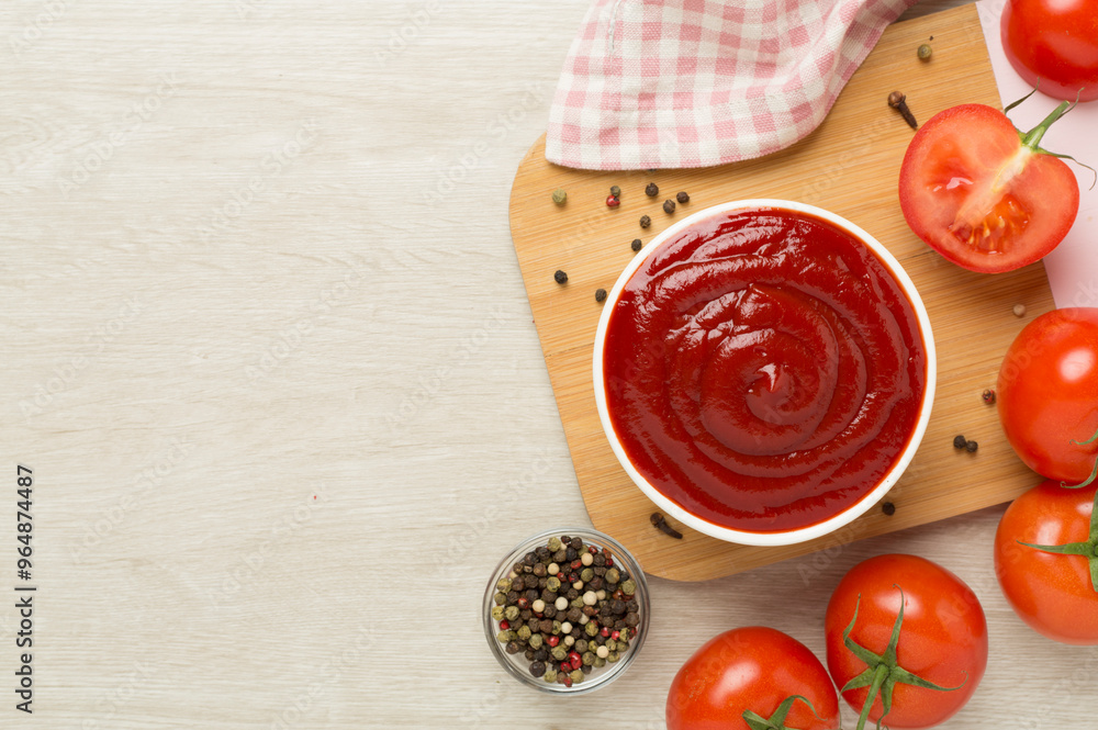 Delicious ketchup with spices and tomatoes on wooden background, top view Delicious ketchup with spices and tomatoes on wooden background, top view