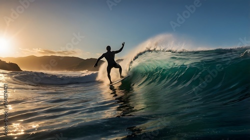  surfer in action on big waves at sunset

