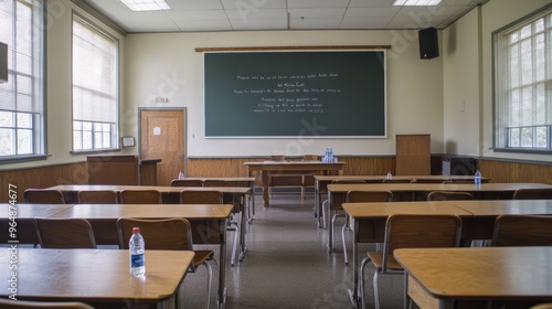 Empty Classroom with Wooden Desks and Sunlit Windows