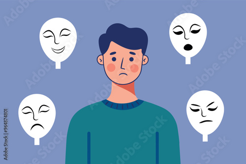 Sad man choosing fake emotion paper masks. Hiding real feelings. Mental disorder concept design