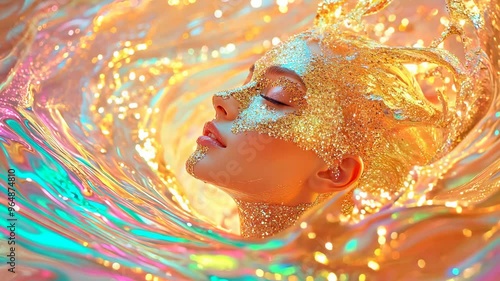 A woman with glitter-covered face submerged in vibrant, swirling liquid, creating a surreal fantasy scene, symbolizing beauty, creativity, and abstract art.