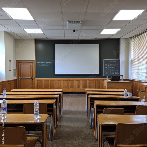 Wallpaper Mural Empty Classroom with Wooden Desks and Sunlit Windows Torontodigital.ca