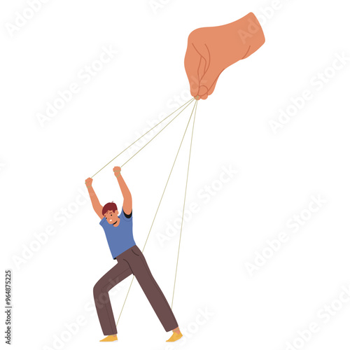 Cartoon Character Being Manipulated By A Hand Holding Strings, Symbolizing Control And Manipulation, Vector Illustration