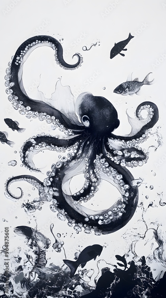 Black and White Abstract Ink Illustration of an Octopus and Fish Black and White Abstract Ink Illustration of an Octopus and Fish