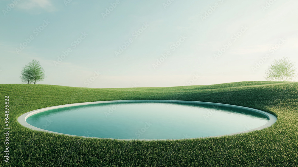 Serene Circular Pond with Crystal-Clear Water and Trimmed Grass in a Pastel Sky - Minimalist Tranquility Serene Circular Pond with Crystal-Clear Water and Trimmed Grass in a Pastel Sky - Minimalist Tranquility