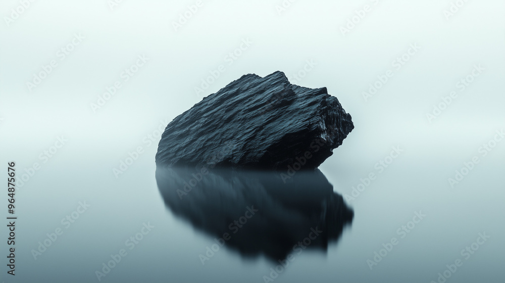 Minimalist black rock formation rising from a mist-covered lake ...