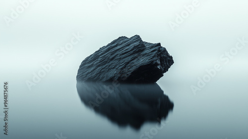 Minimalist black rock formation rising from a mist-covered lake, contrasting dark textures with ethereal mist and soft blue waters for a serene landscape.