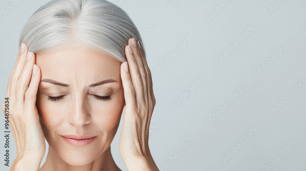 Senior woman experiencing a headache, touching her forehead with her eyes closed, her face showing discomfort and worry Senior woman experiencing a headache, touching her forehead with her eyes closed, her face showing discomfort and worry