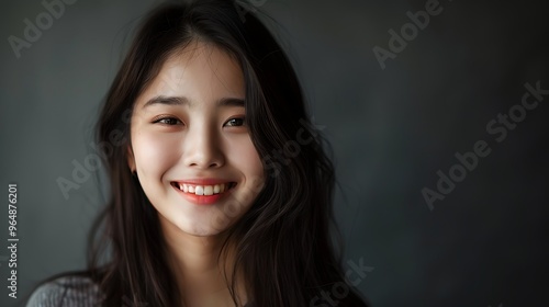 beautiful Korean woman smiling in a photo studio