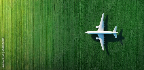 The green field with shadow of an airplan. Conceptual image of green, eco-friendly fuel for aviation, symbolizing the sustainable future of air travel with a focus on environmental conservation.