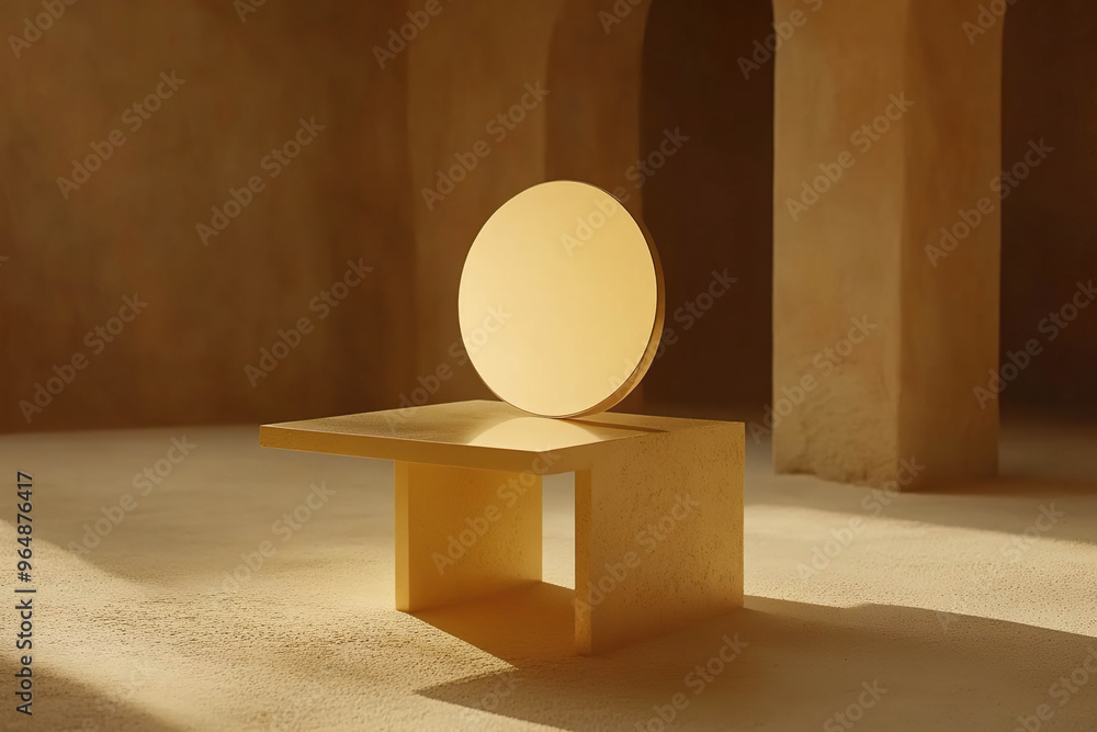 A minimalist geometric arrangement of a golden circle resting on a square platform, both made of smooth, textured material, illuminated by warm sunlight in a muted beige room. Generated with AI. A minimalist geometric arrangement of a golden circle resting on a square platform, both made of smooth, textured material, illuminated by warm sunlight in a muted beige room. Generated with AI.
