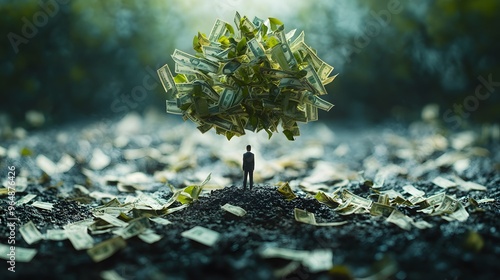 A tree with green leaves made of dollar bills, sprouting from the ground and growing upwards, symbolizing wealth accumulation in a natural setting. photo