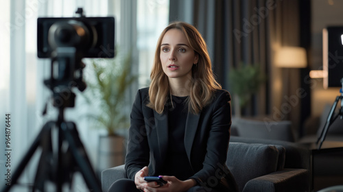 A woman caucasian filming in a contemporary studio, confidently engaging with the camera