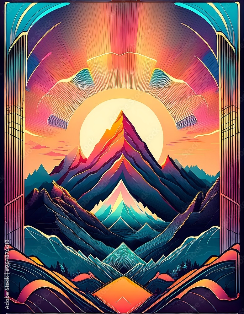 Obraz premium Sunset Mountain Polygon Art Poster - A polygonal art flyer of mountains at sunset, with the peaks rendered in warm, geometric shapes of oranges, reds, and purples. Graphic art illustration