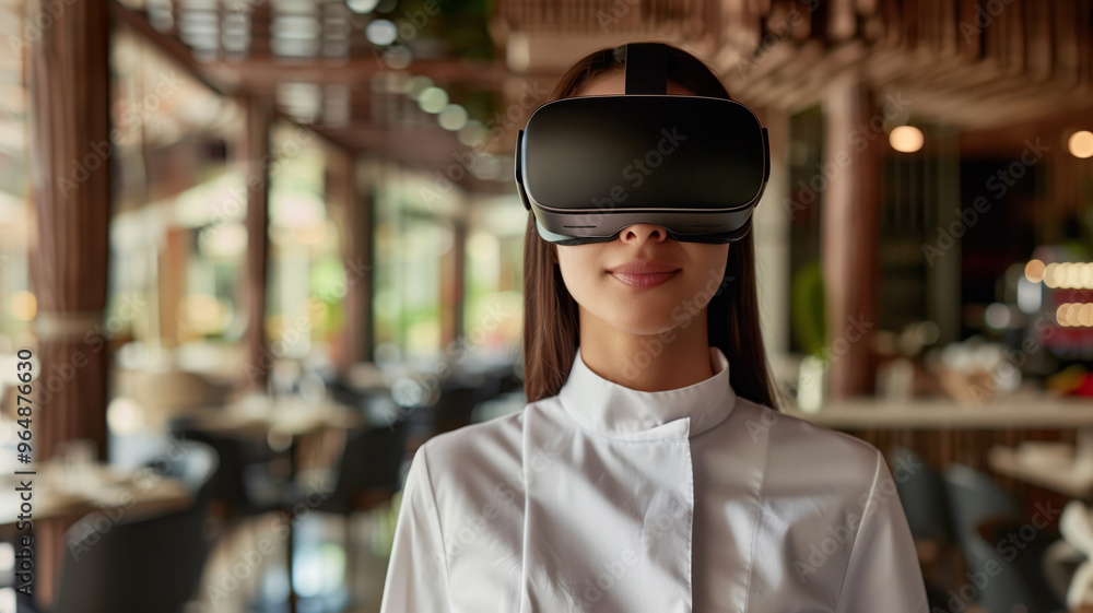 Close-up of a woman vearing a VR Virtual Reality headset with a modern restaurant in the background Close-up of a woman vearing a VR Virtual Reality headset with a modern restaurant in the background
