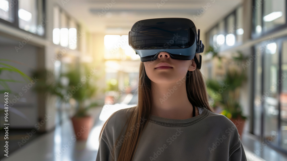 Close-up of a girl wearing a VR virtual reality headset at school Close-up of a girl wearing a VR virtual reality headset at school