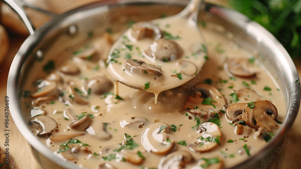 Close-up of a fresh tasty mushroom cream soup Close-up of a fresh tasty mushroom cream soup