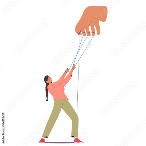 Cartoon Female Character Struggles Against A Giant Hand Controlling Her With Strings. Concept Of Freedom, Manipulation