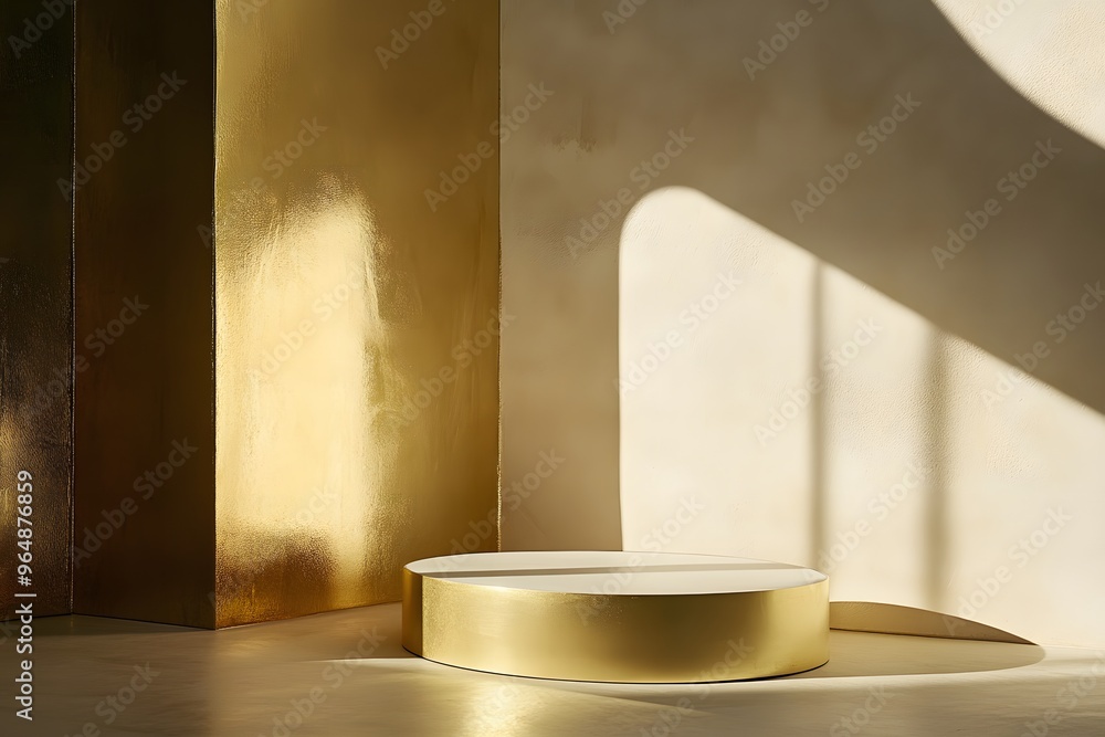 Gold Cylinder Platform Against a Beige Wall with Light and Shadow Gold Cylinder Platform Against a Beige Wall with Light and Shadow