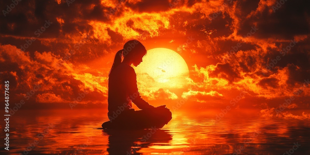 Silhouette of a Girl Praying at Sunset Silhouette of a Girl Praying at Sunset