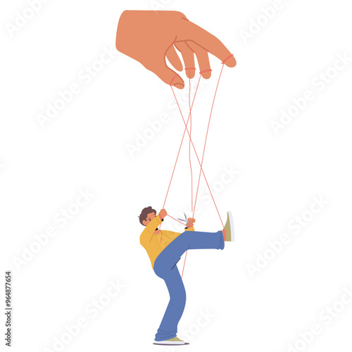 Cartoon Male Character Cutting Strings Controlling Him Like A Puppet, Symbolizing Breaking Free From Manipulation