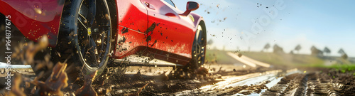 Sports car rattling across a rough patch of tarmac 