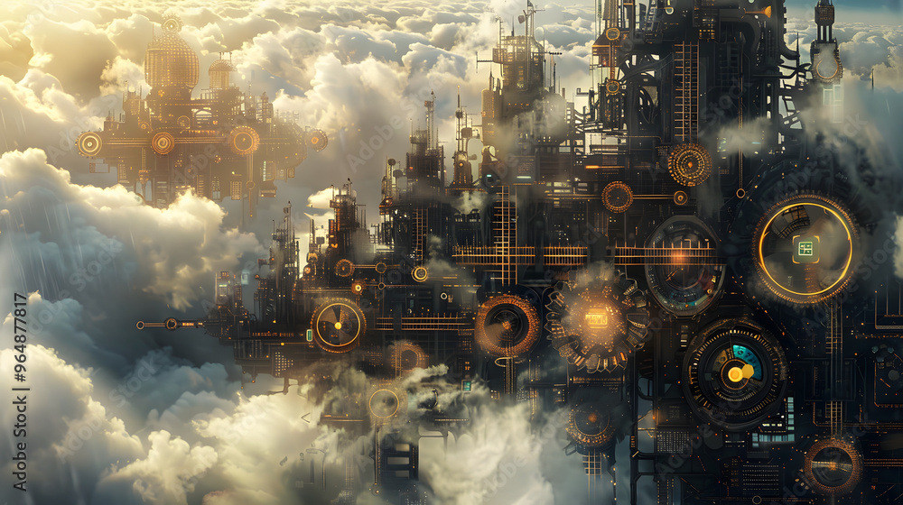 Steampunk clockwork cityscape with gears shifting into circuit boards and steam clouds dispersing as data packets Steampunk clockwork cityscape with gears shifting into circuit boards and steam clouds dispersing as data packets