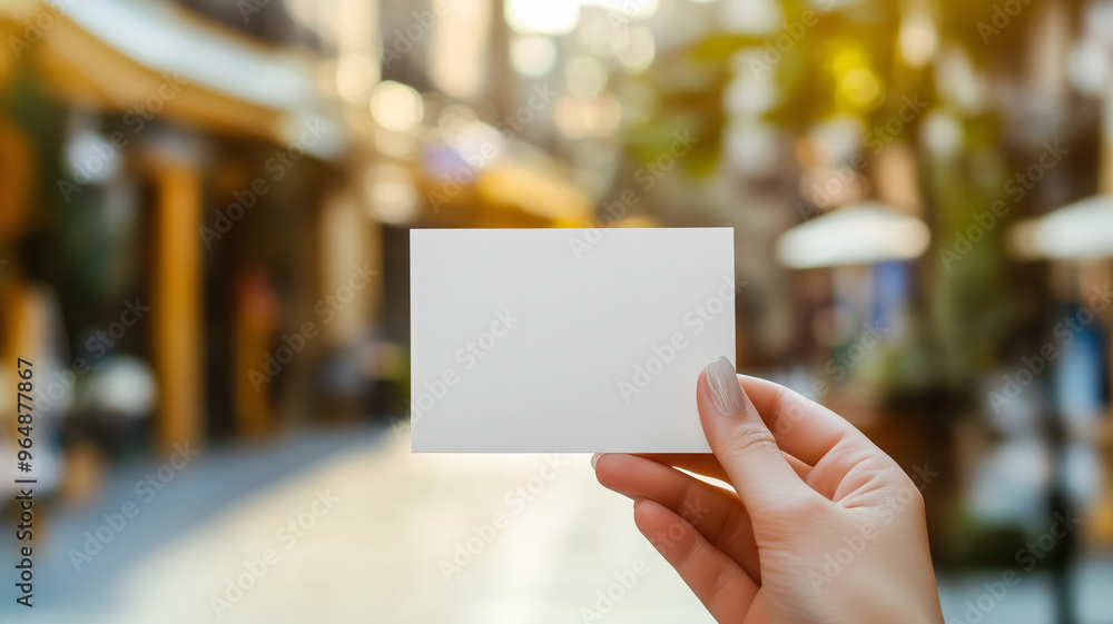 A white template business card in a hand on an outdoor background A white template business card in a hand on an outdoor background