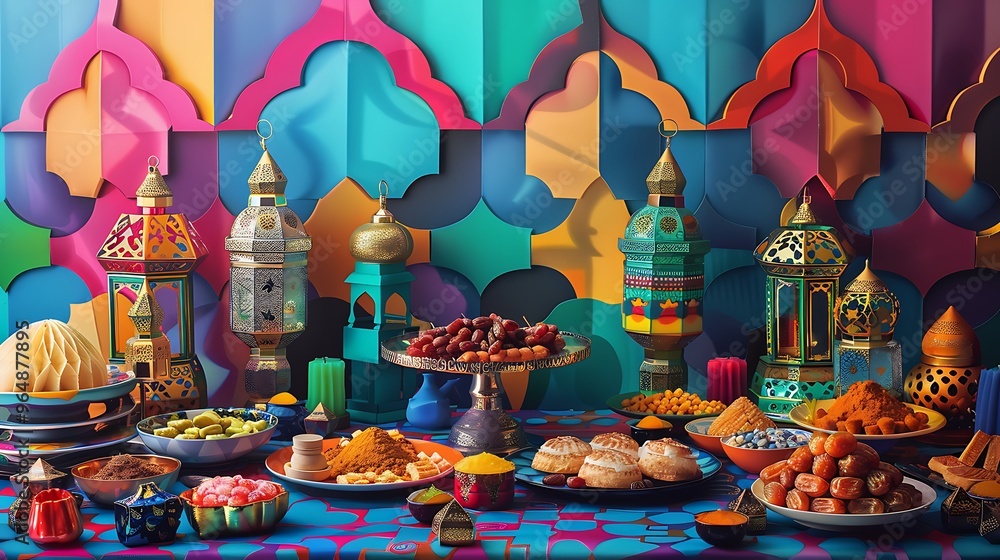 Ramadan Feast: Colorful Table Setting with Lanterns and Dates Ramadan Feast: Colorful Table Setting with Lanterns and Dates