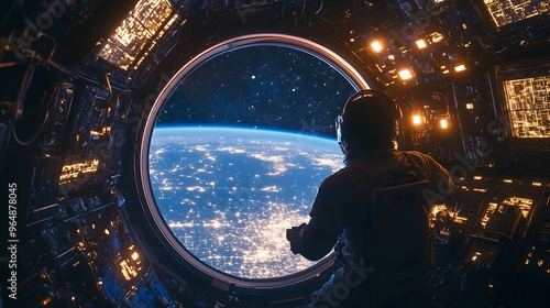 Fototapeta Naklejka Na Ścianę i Meble -  Astronaut inside spaceship cabin, looking out the window at Earth, exploring the universe from a rocket shuttle, future of space travel and technology in a cosmic background