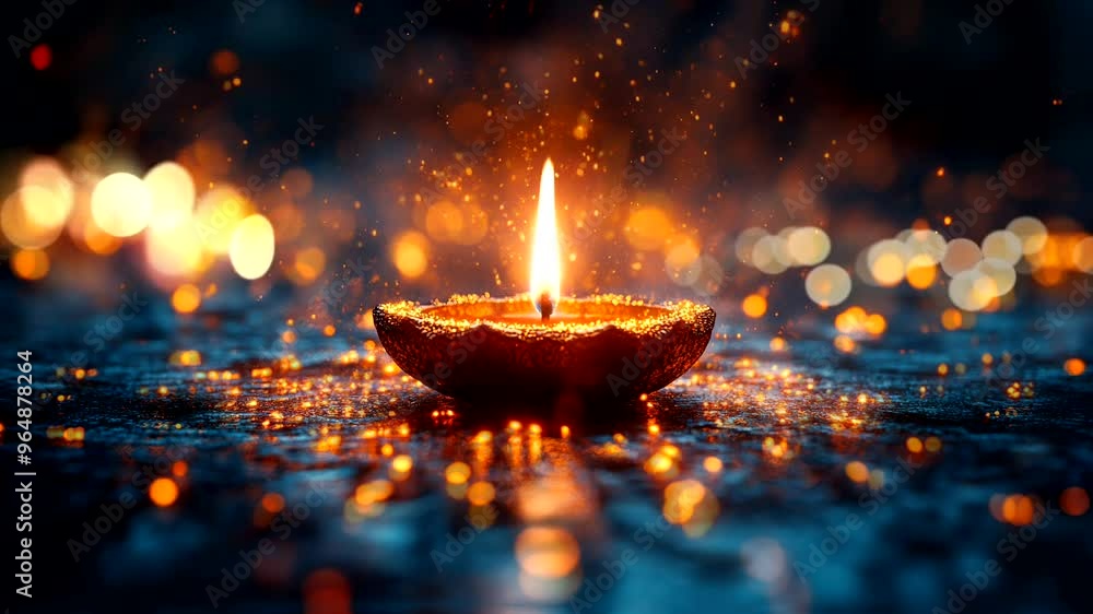 Loop video. 30 seconds. A single burning candle. Diwali, the Hindu festival of lights. Moving flame and lights in the background. Loop video. 30 seconds. A single burning candle. Diwali, the Hindu festival of lights. Moving flame and lights in the background.