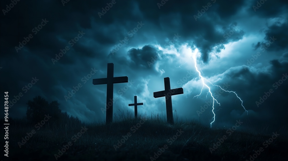 Fototapeta premium Silhouette of three man crucifixion on cross on hill. Jesus Christ God Calvary death sacrifice for salvation, Bible and Christianity, Savior Messiah on Golgotha