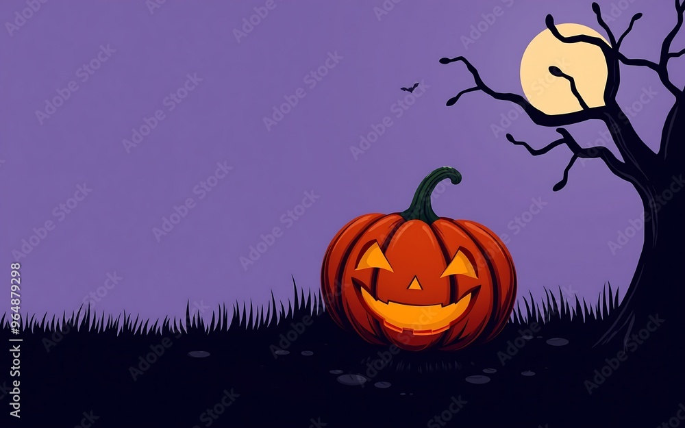 A glowing orange jack-o'-lantern smiles in a spooky purple night setting, perfect for Halloween designs.
A glowing orange jack-o'-lantern smiles in a spooky purple night setting, perfect for Halloween designs.