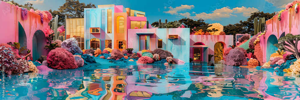 Sustainable materials processing hub and turning garbage into gold and surrounded by a rainbow-hued landscape Sustainable materials processing hub and turning garbage into gold and surrounded by a rainbow-hued landscape