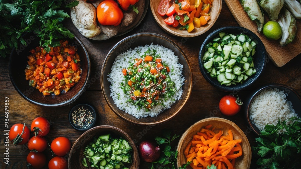 Top-Down Look at a Table with Rice Fresh Produce, and Spices Top-Down Look at a Table with Rice Fresh Produce, and Spices