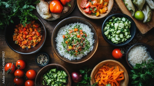 Top-Down Look at a Table with Rice Fresh Produce, and Spices