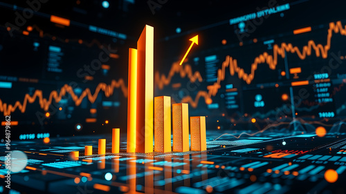 Wallpaper Mural A 3D bar graph rising sharply upward, surrounded by glowing data charts and financial metrics floating in space Torontodigital.ca