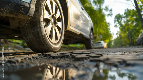 SUV jolting over a pavement imperfection 