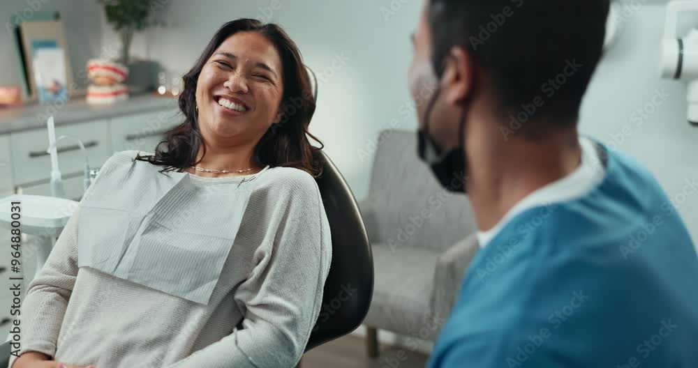 Consultation, doctor and patient at dentist appointment in checkup or procedure in hospital or oral care clinic. Happy people, smile and dental hygienist for teeth cleaning or root canal treatment Consultation, doctor and patient at dentist appointment in checkup or procedure in hospital or oral care clinic. Happy people, smile and dental hygienist for teeth cleaning or root canal treatment
