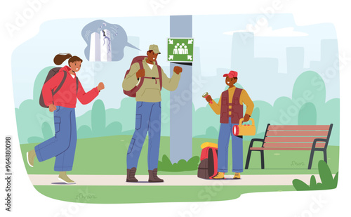 Cartoon Characters In A Park, Gearing Up For An Emergency With Backpacks And Equipment. Vector Image