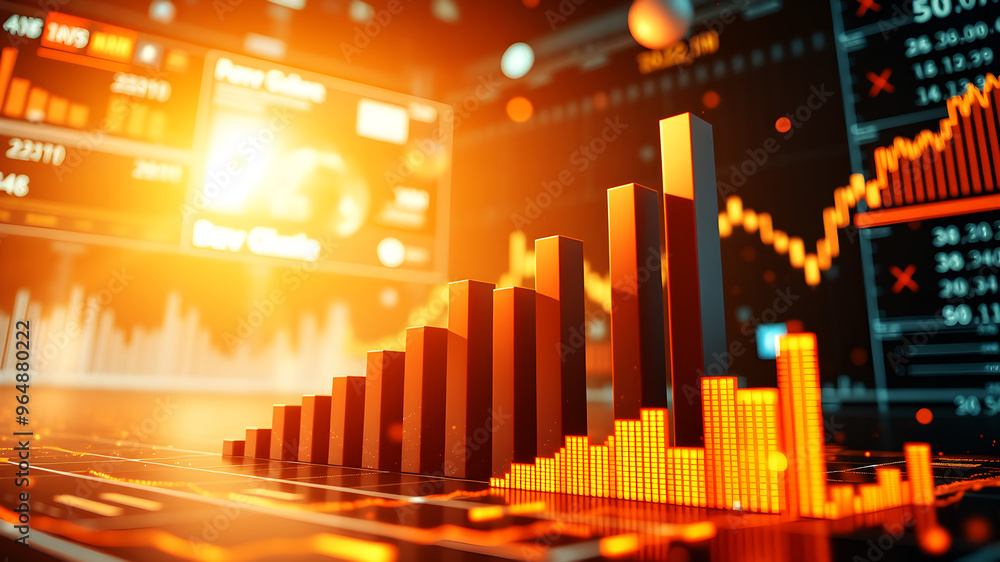 A 3D bar graph rising sharply upward, surrounded by glowing data charts and financial metrics floating in space A 3D bar graph rising sharply upward, surrounded by glowing data charts and financial metrics floating in space