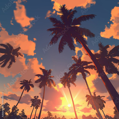 Landscape of palm trees. Styled like an anime or game background. Blue sky, sunset, sunrise, night, fog, snow, rain, cloudiness, autumn leaves, etc. photo