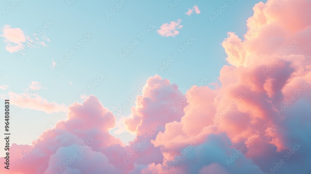 Pink and blue clouds at sunset, serene sky. Dreamy landscape concept Pink and blue clouds at sunset, serene sky. Dreamy landscape concept