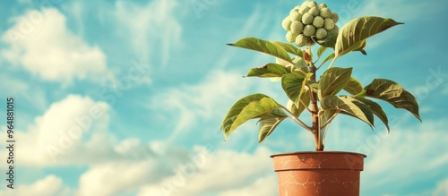 Custard Apple Plant In Plastic Pot On Sky Background photo