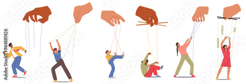 Cartoon Vector Illustration Of Characters Breaking Free From Puppet Strings. Image Depicts Liberation From Control