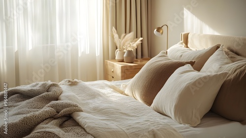 Wallpaper Mural A serene bedroom decorated in neutral tones, featuring a large bed with plush pillows, a soft throw blanket, and a wooden nightstand with a small lamp. Torontodigital.ca