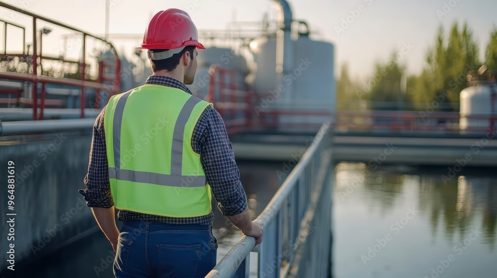 A worker in protective gear carefully inspects a large water treatment plant A worker in protective gear carefully inspects a large water treatment plant