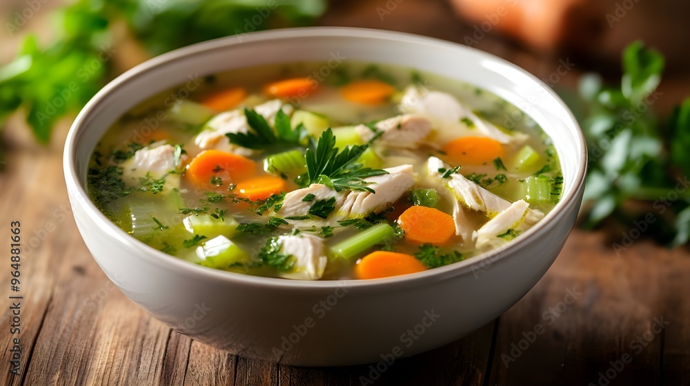 A comforting stock photo of a steaming bowl of homemade chicken soup, filled with chunks of chicken, carrots, celery, and herbs.